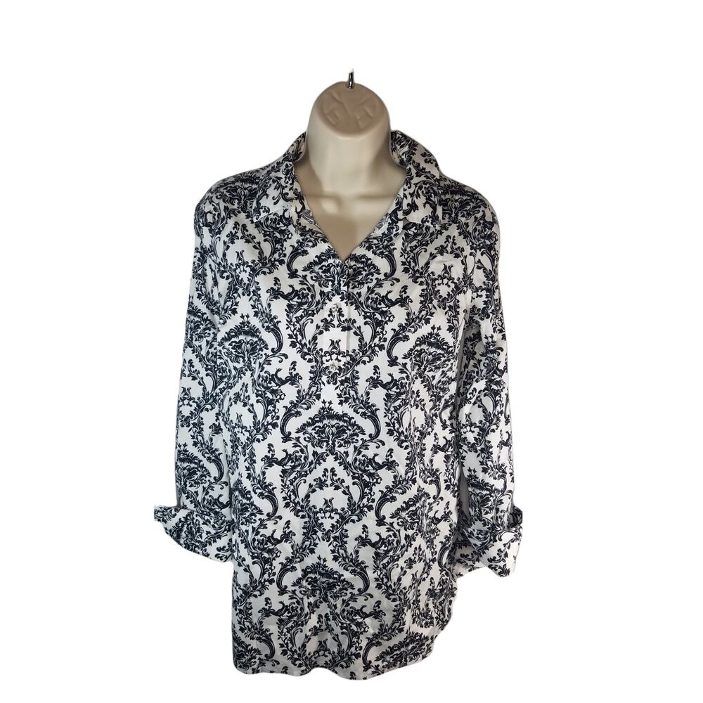 Talbots Women's Shirt Collar Non-Iron Parsley Black White Sz 2